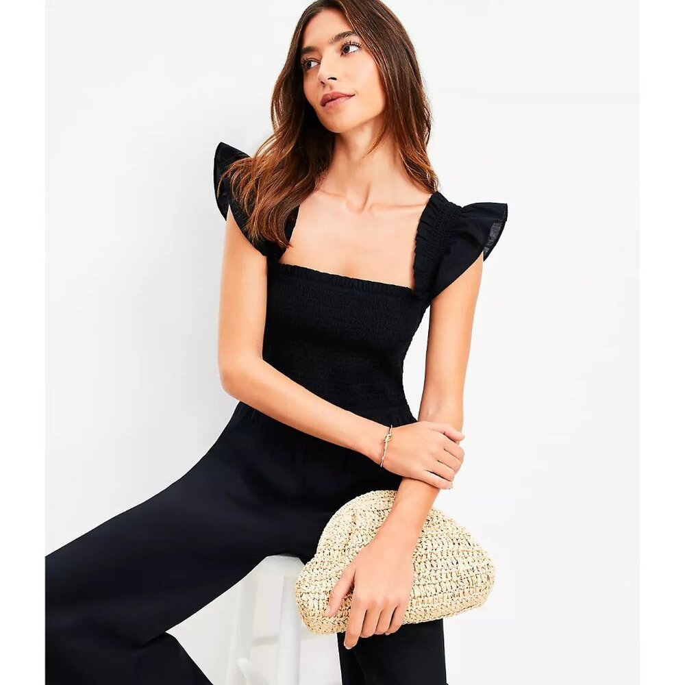 NWT Ann Taylor LOFT Beach Womens Size Medium Smocked Ruffle Strap Jumpsuit NEW - Picture 3 of 3